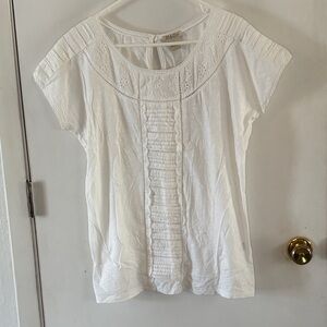 Lucky white short sleeve cotton knit top with eyelet trim and pleats Size XL